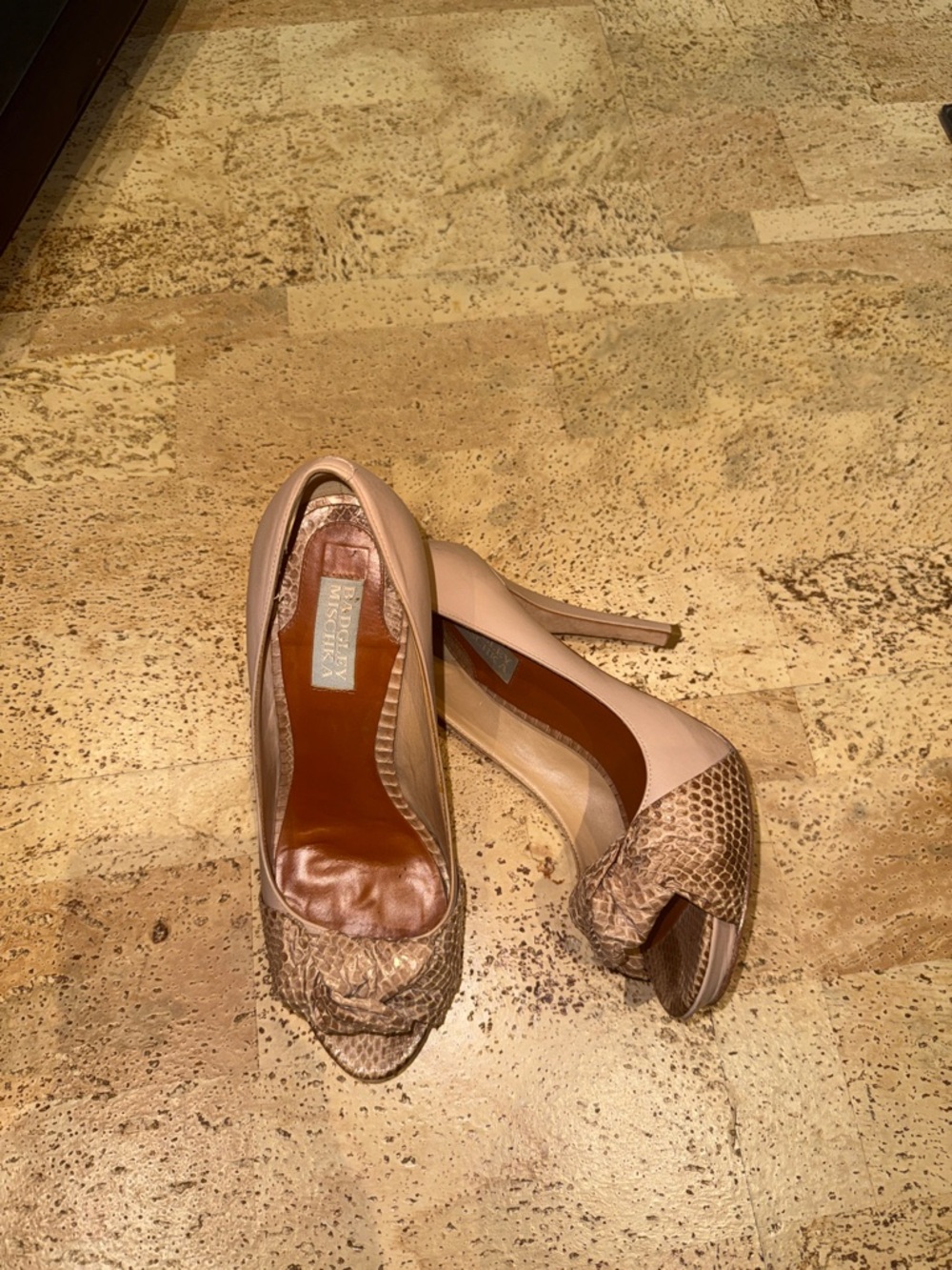 Badgley Mischka Blush Snake-Print Peep-Toe Stilettos